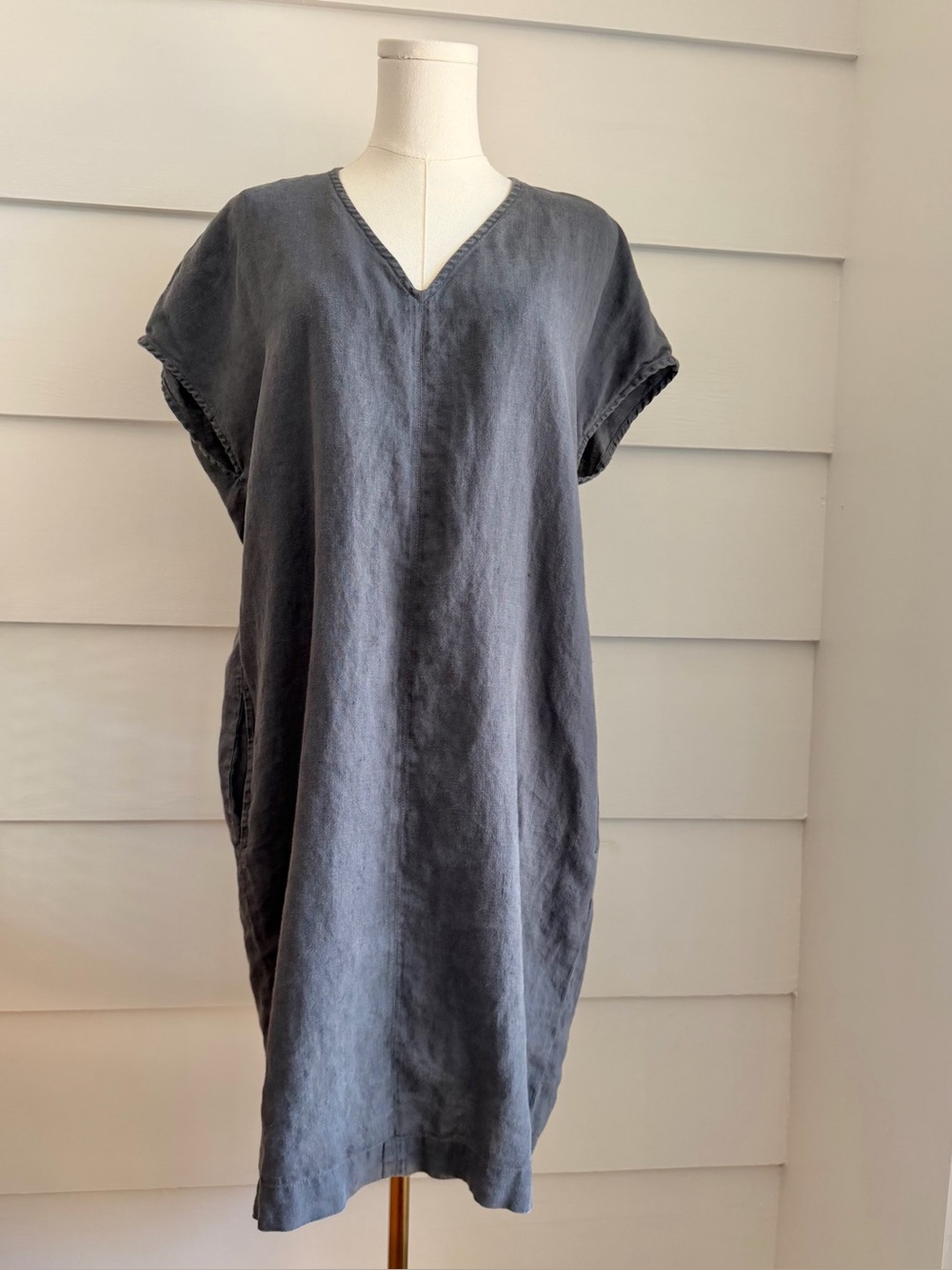 Not Perfect Linen Grey V-Neck Linen Tunic Dress Loose Fit Shift S/M